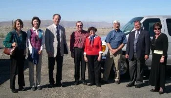 Visitors to B Reactor on September 7, 2005, were (from left) Cindy Kelly of the Atomic Heritage Foundation, BRMA President Michele Gerber, John Van Zytveld of the Murdock Trust, Bob Potter, Sally Ann Potter, Eric Gerber, Ron Hicks, Director, Reach Visitor Center and Gwen Leth, Director, CREHST.